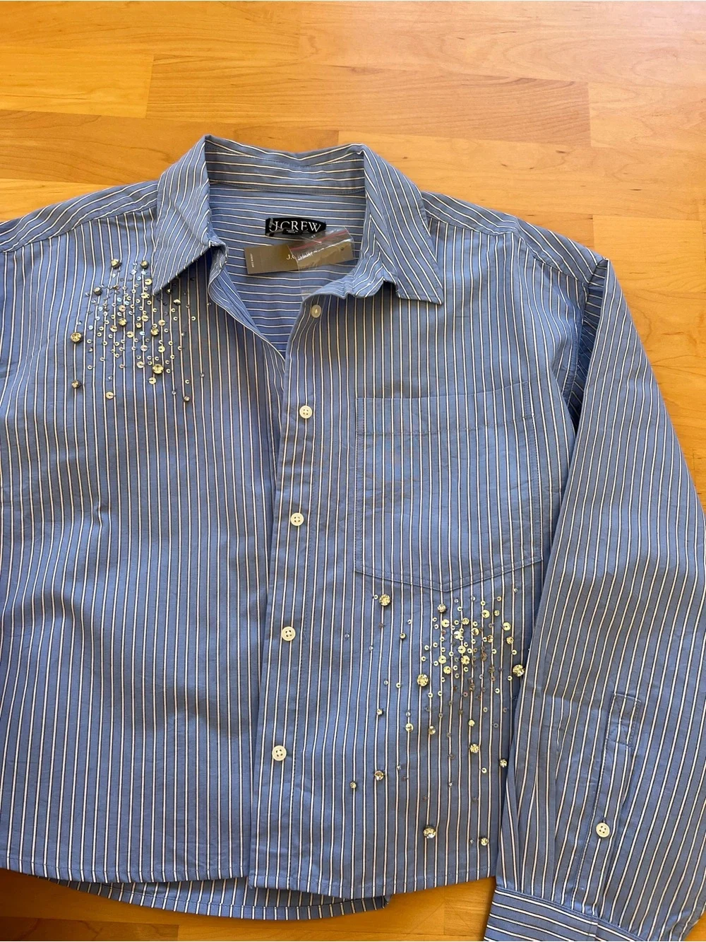 J. Crew Blue and White Pinstripe Embellished Button-Down Shirt